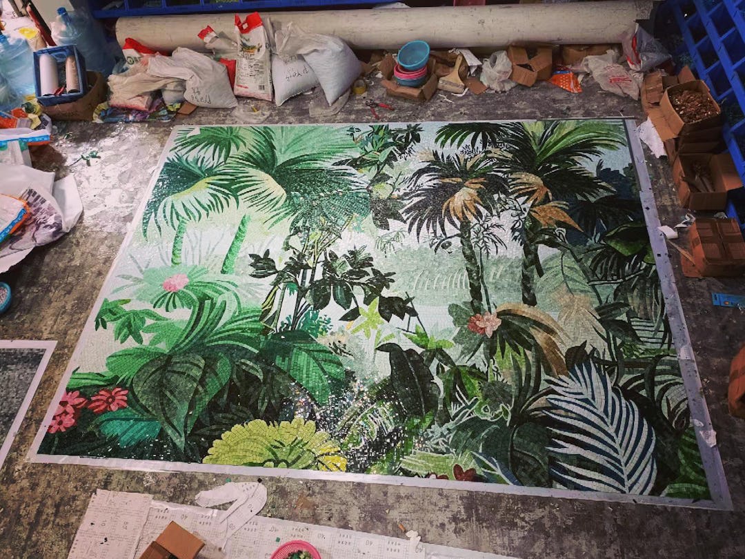 Factory execution of glass wall art