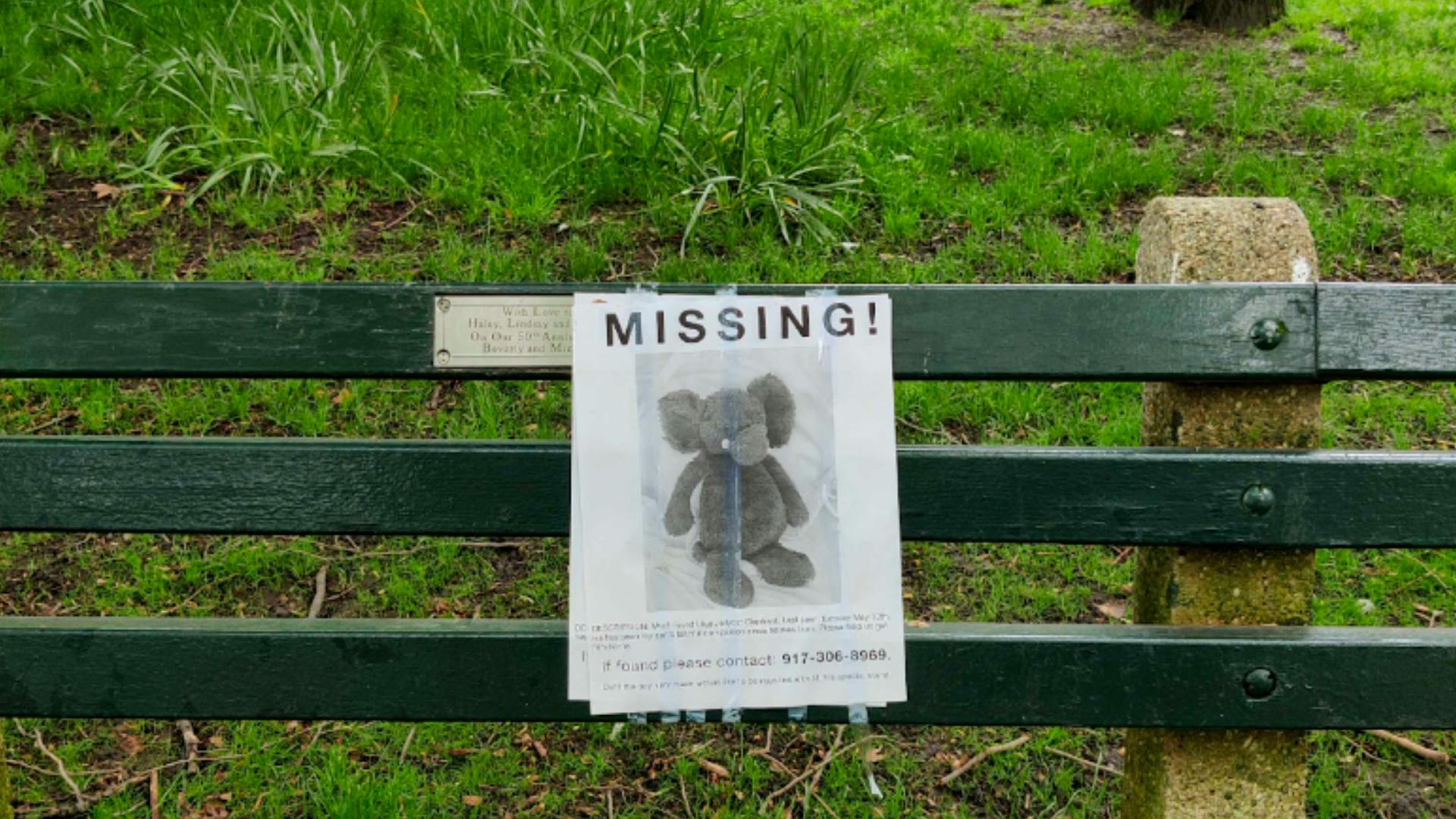 Central Park bench with missing teddy bear sign