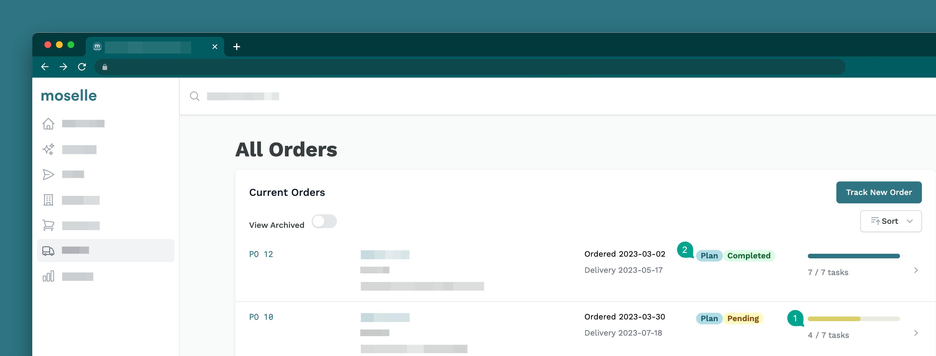Order management with progress indicators and status updates.