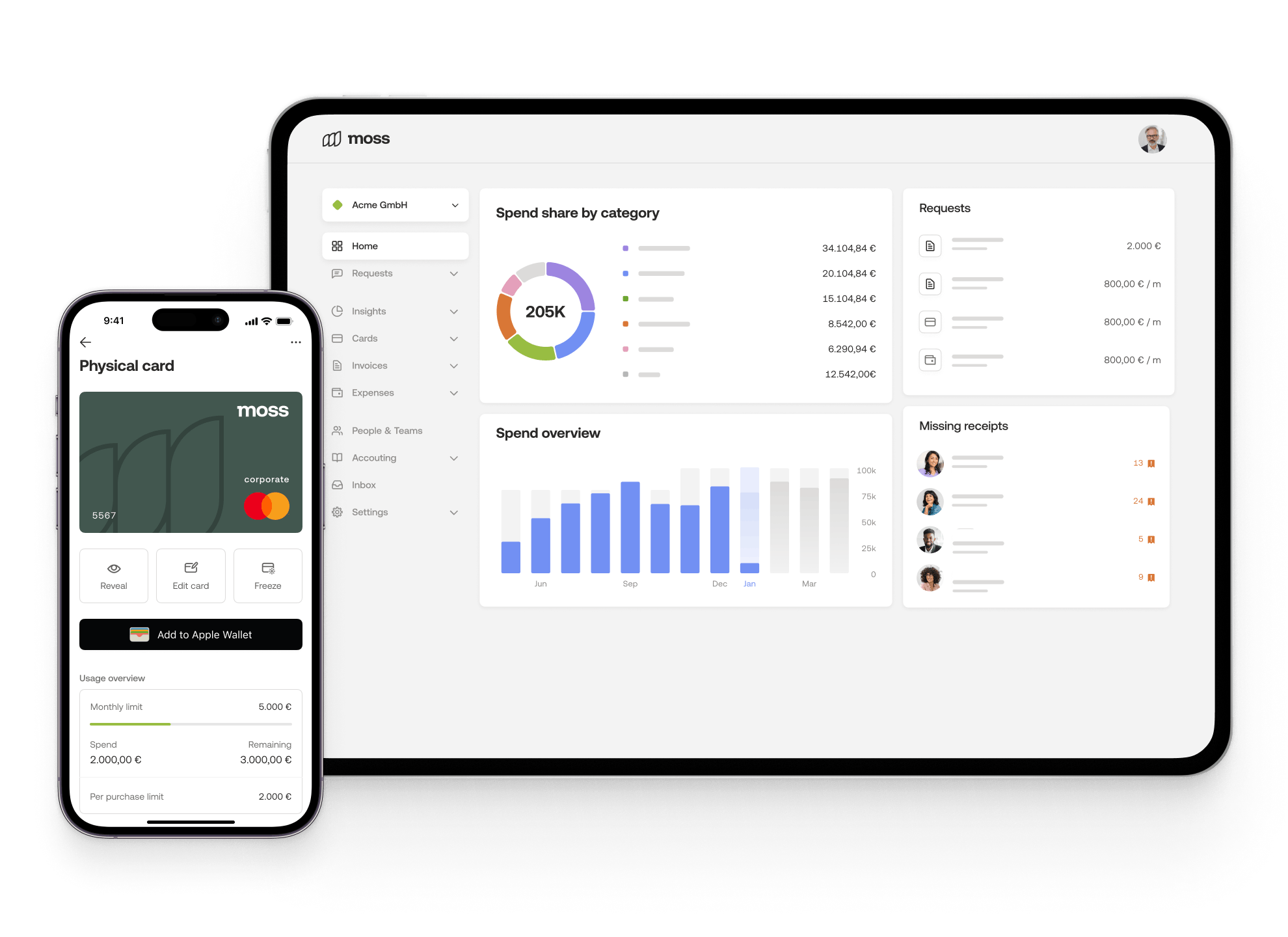 Moss dashboard and mobile app