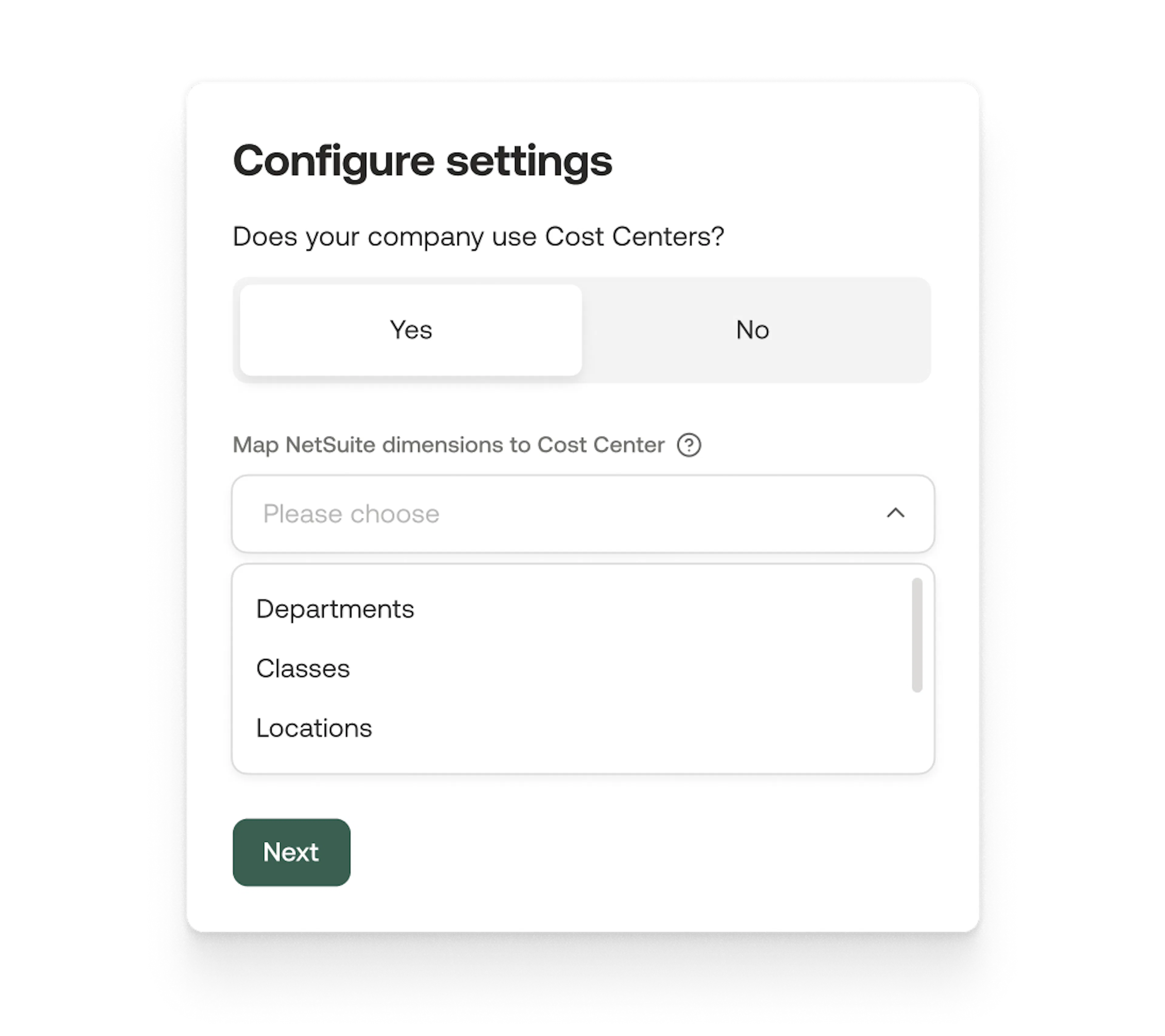 Configure settings modal