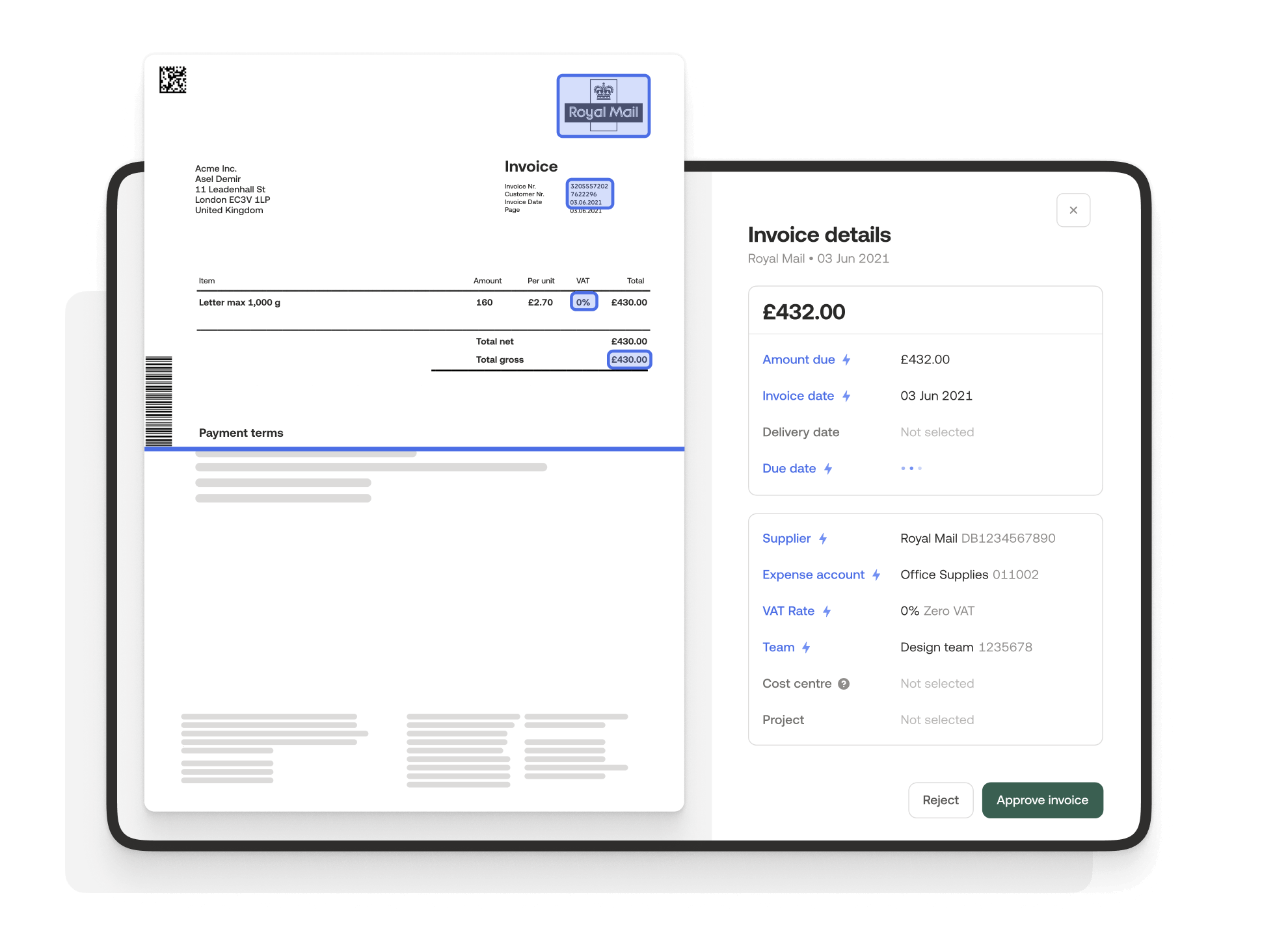 Invoice details in the Moss platform