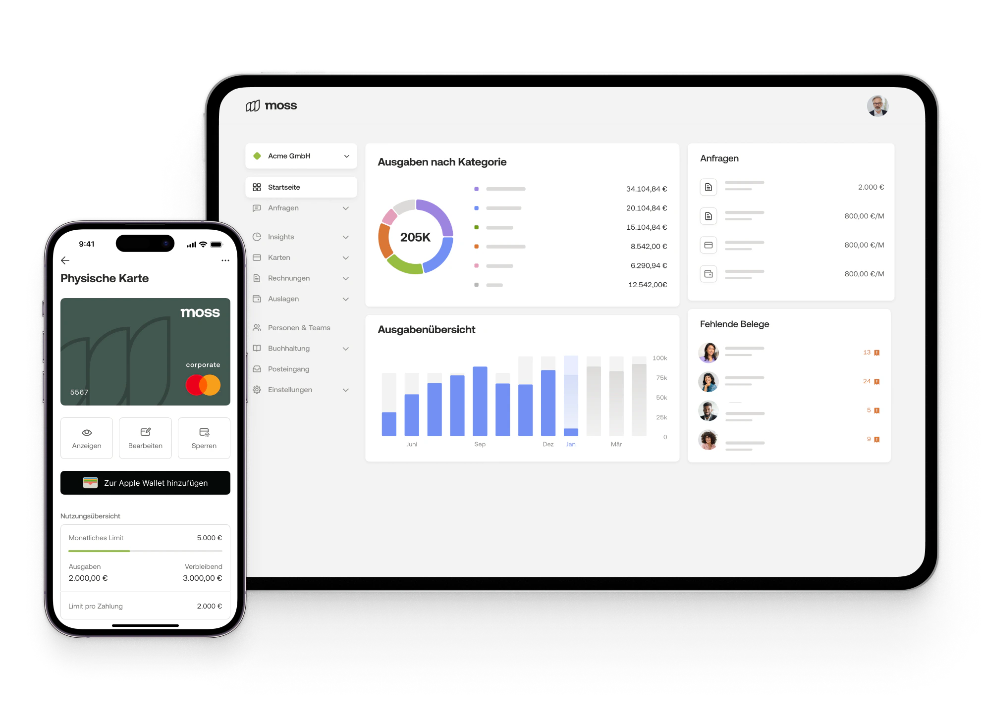 Moss dashboard and mobile app