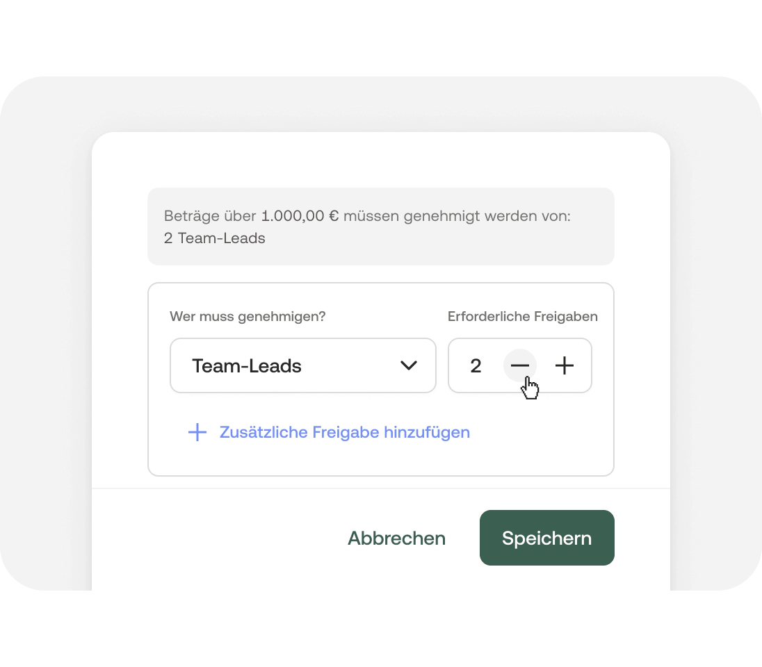 Transparente Freigabeprozesse indem ausgewählt werden muss wer die Anfrage genehmigt, wie viele Freigaben erforderlich sind und um welchen Betrag es geht