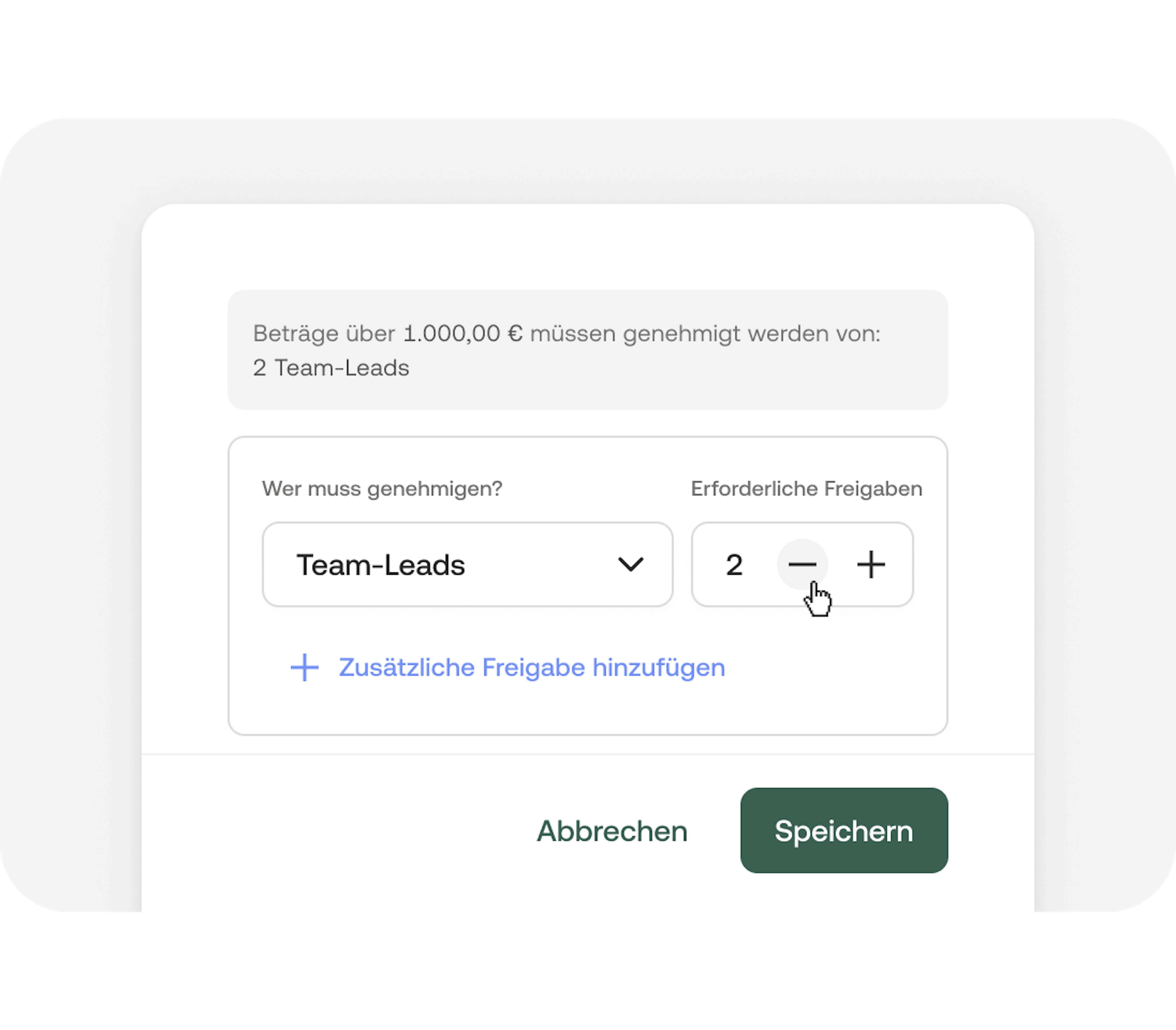 Transparente Freigabeprozesse indem ausgewählt werden muss wer die Anfrage genehmigt, wie viele Freigaben erforderlich sind und um welchen Betrag es geht