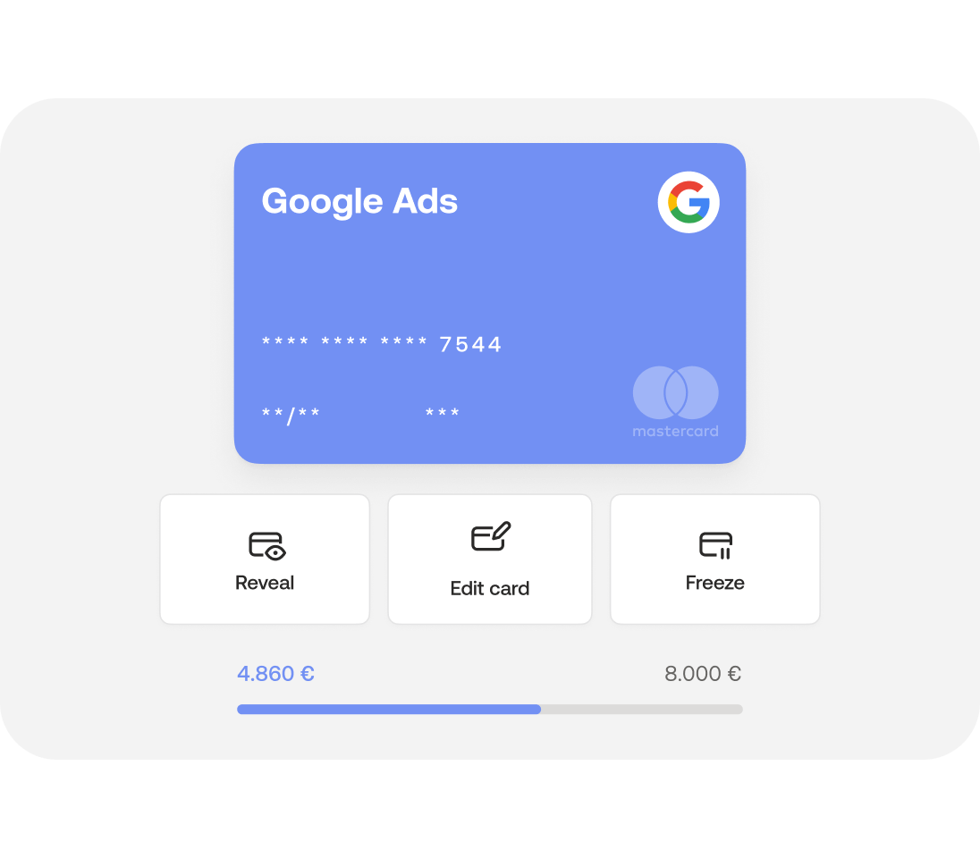Adjust, view, edit or pause budgets for expenses (e.g. Google Ads) in an instant.