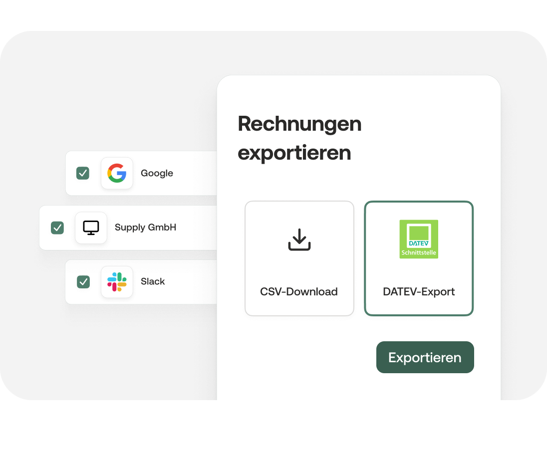 Alle Buchungen mit Rechnung  mit DATEV-Schnittstelle exportieren oder als CSV-Datei herunterladen