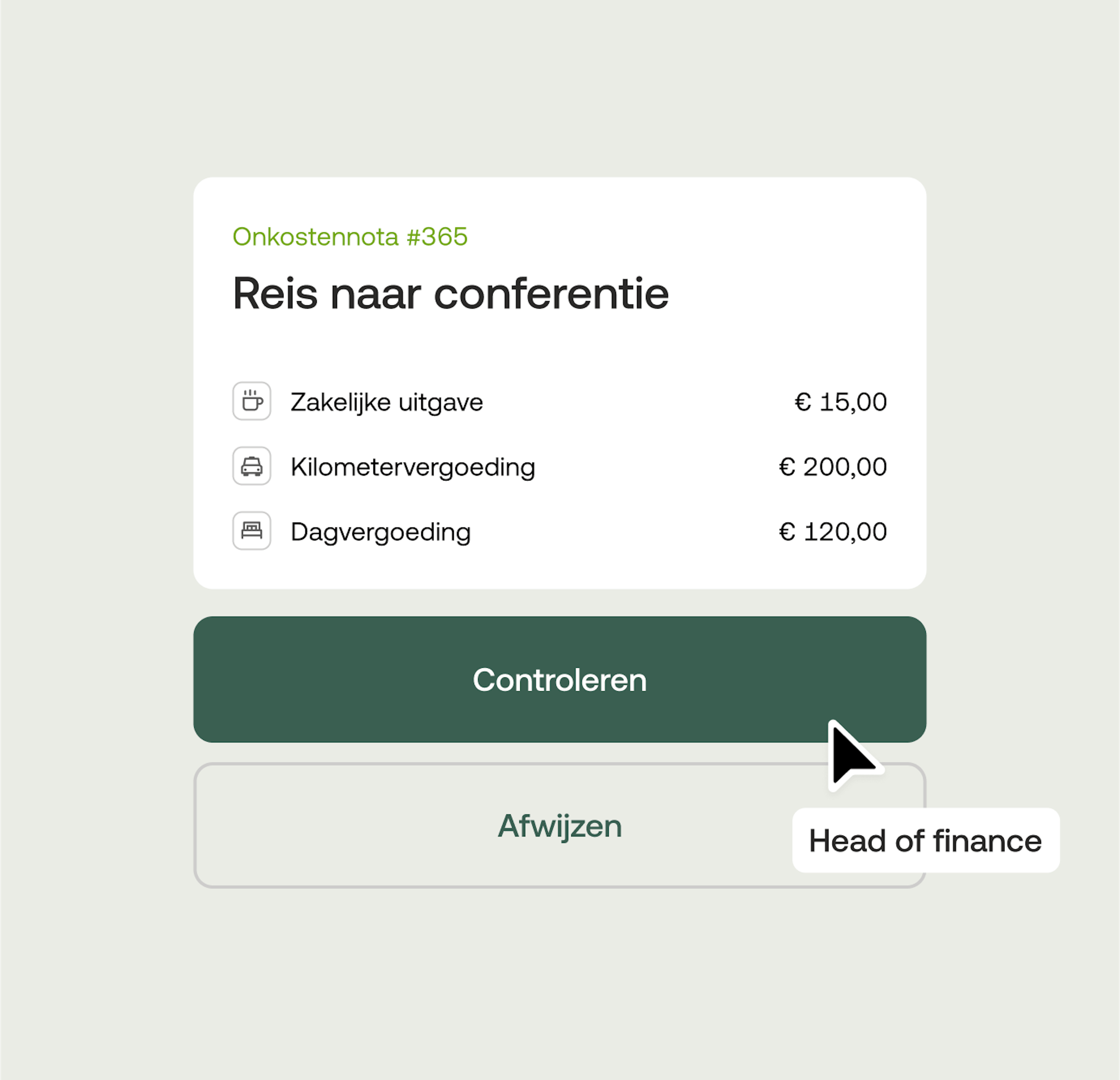 Onkostendeclaratie-interface in Moss met een vooraf ingevuld rapport voor een conferentiereis, met categorieën zoals zakelijke kosten, kilometervergoeding en dagvergoeding. Inclusief knoppen 'Beoordelen' en 'Afwijzen', met een cursor die 'Head of finance' als beoordelaar aangeeft.