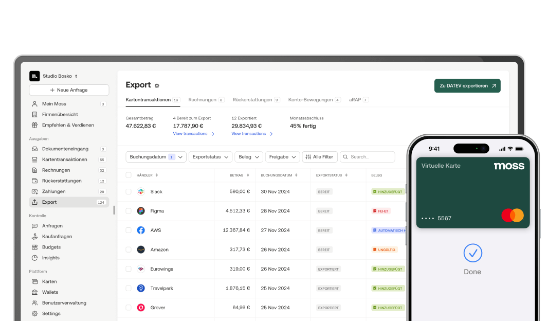 Übersicht der Moss-Finanzplattform mit Transaktionsverwaltung und Exporttools sowie einer virtuellen Kartenoberfläche für optimierte Geschäftsausgaben.