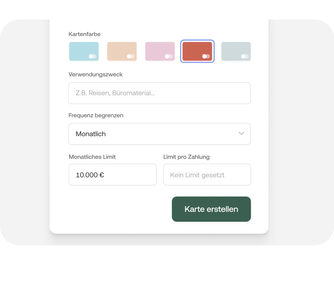Farbe, Verwendungszweck, Frequenz und Limit für neue Karten festlegen