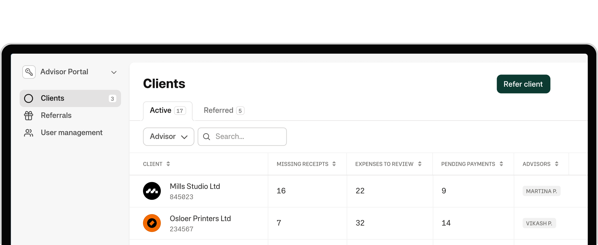 Overview of Moss Partner Portal with client switching interface