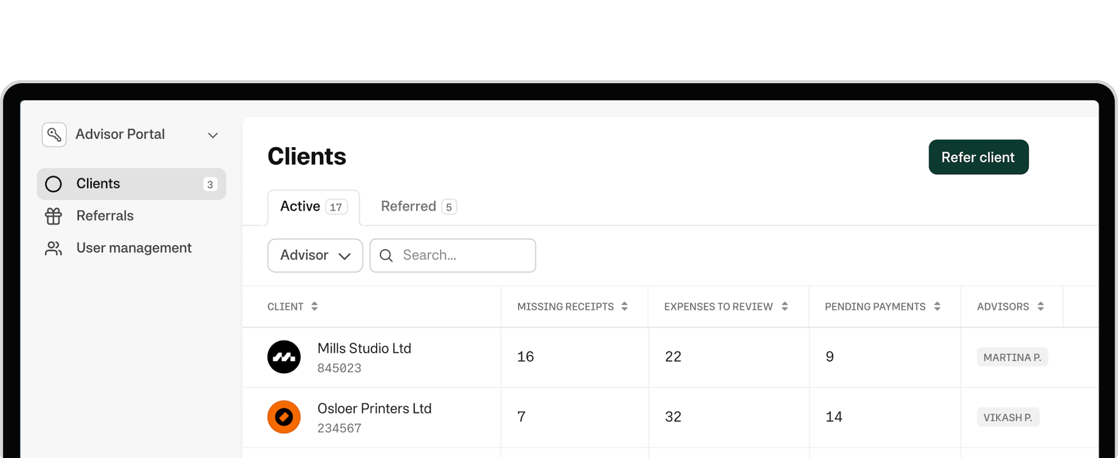 Overview of Moss Partner Portal with client switching interface 