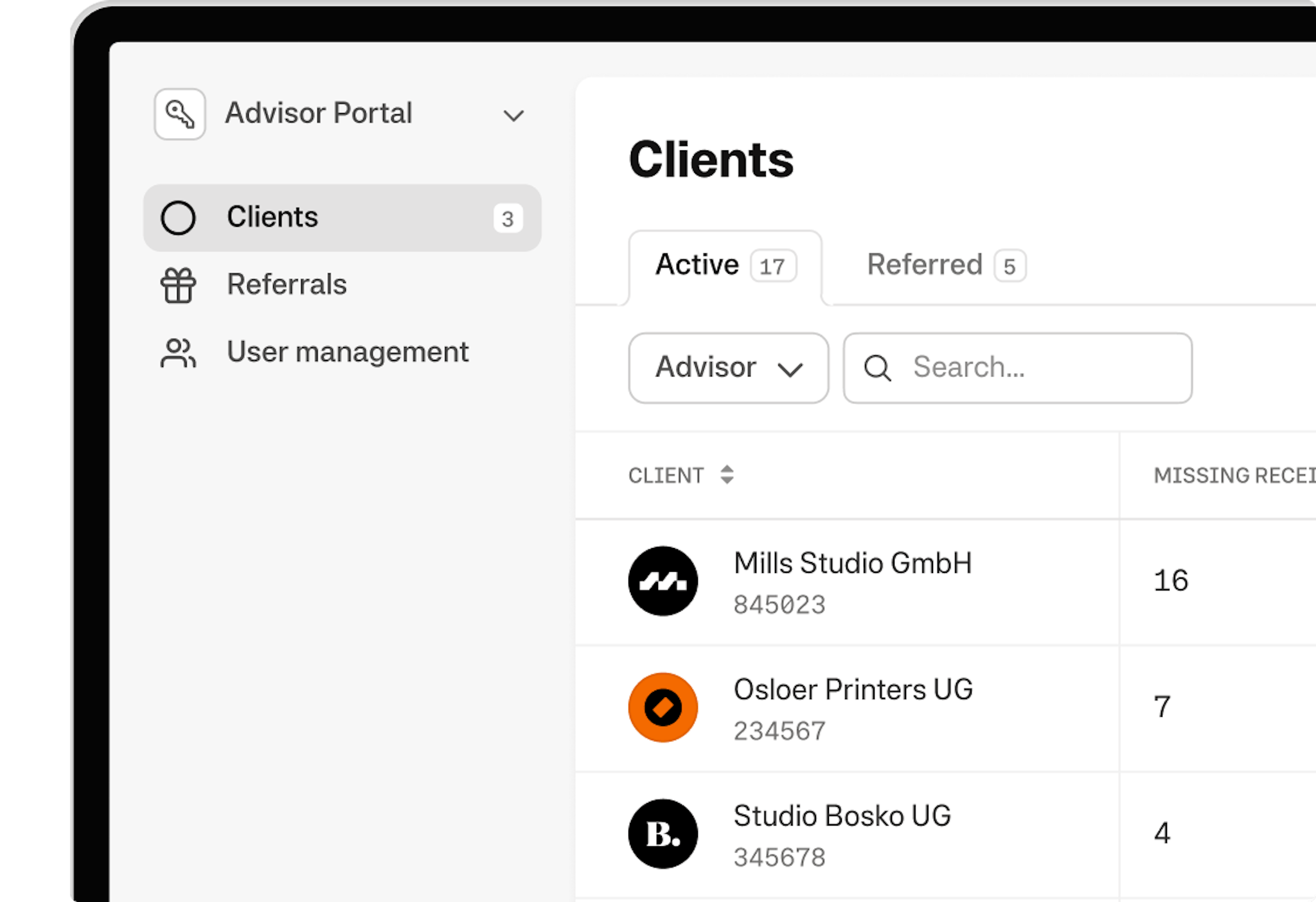 Mobile overview of Moss partner portal interface