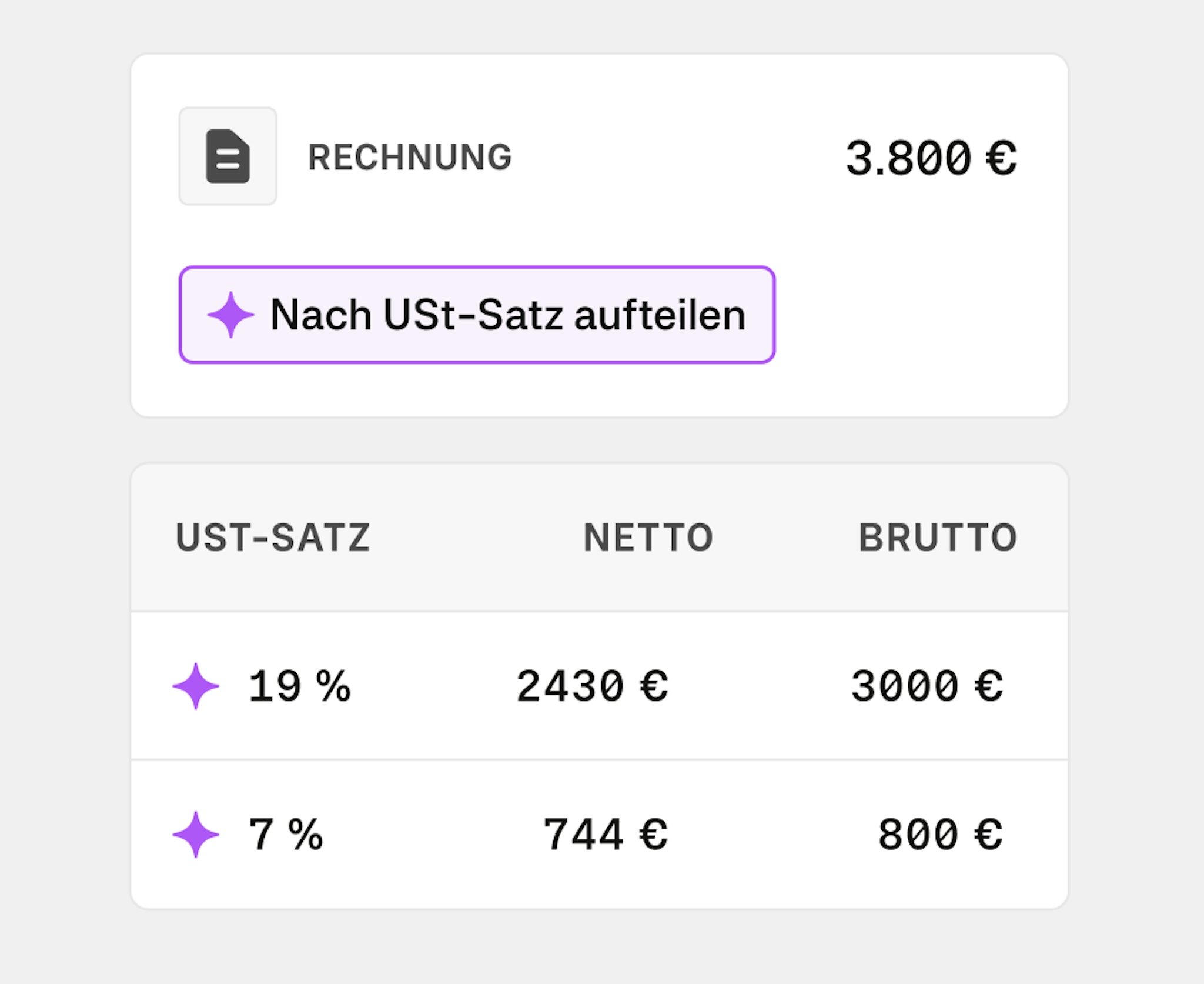 Moss product interface showing AI splitting an invoice by VAT rate 