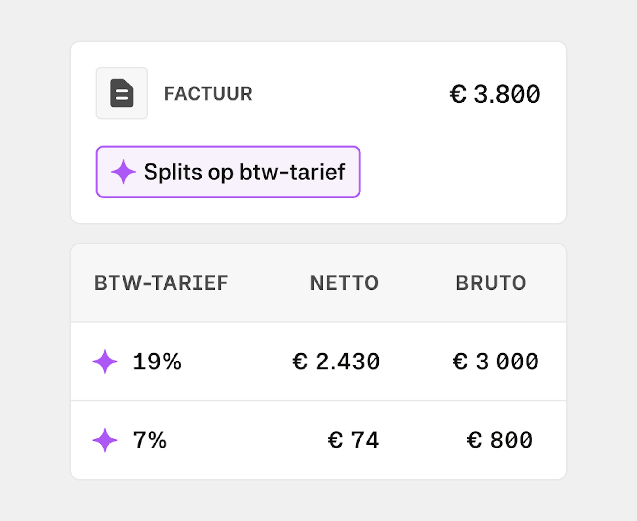 Moss interface showing an invoice split into different lines based on VAT code. 