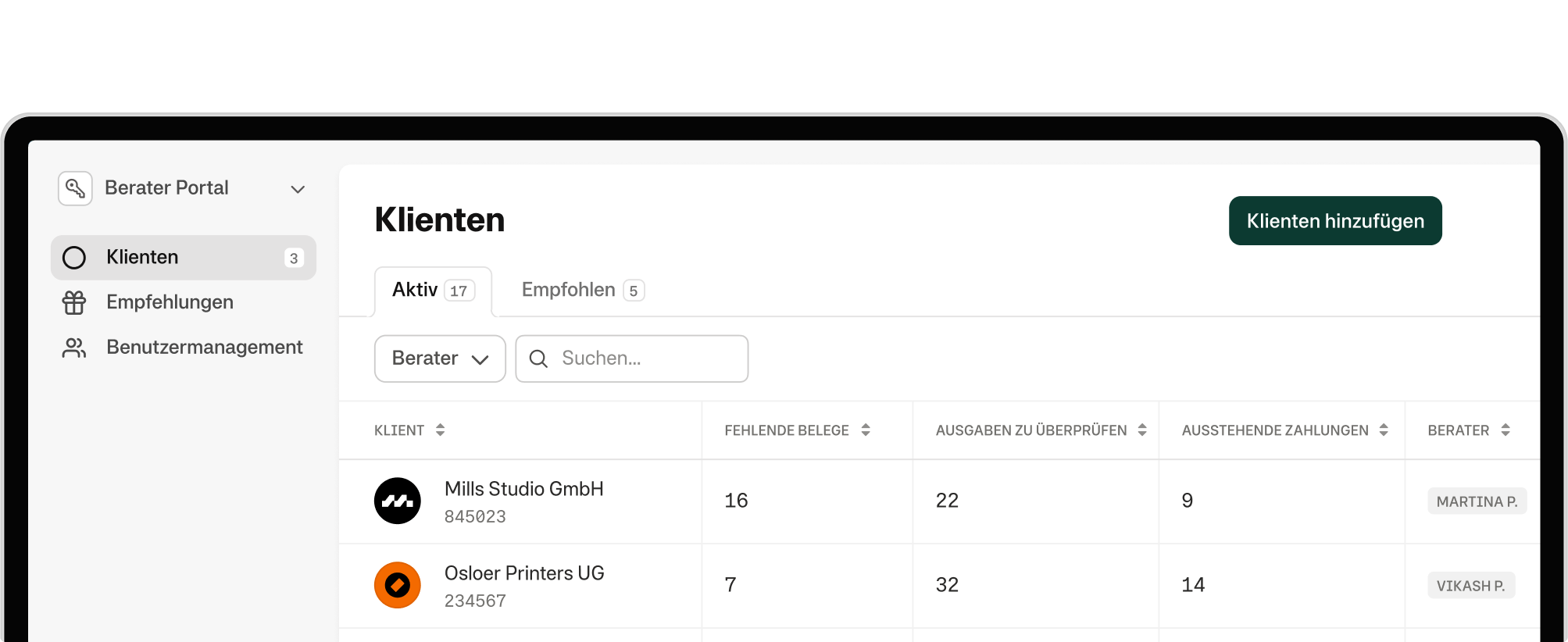 Desktopansicht des Beraterportals