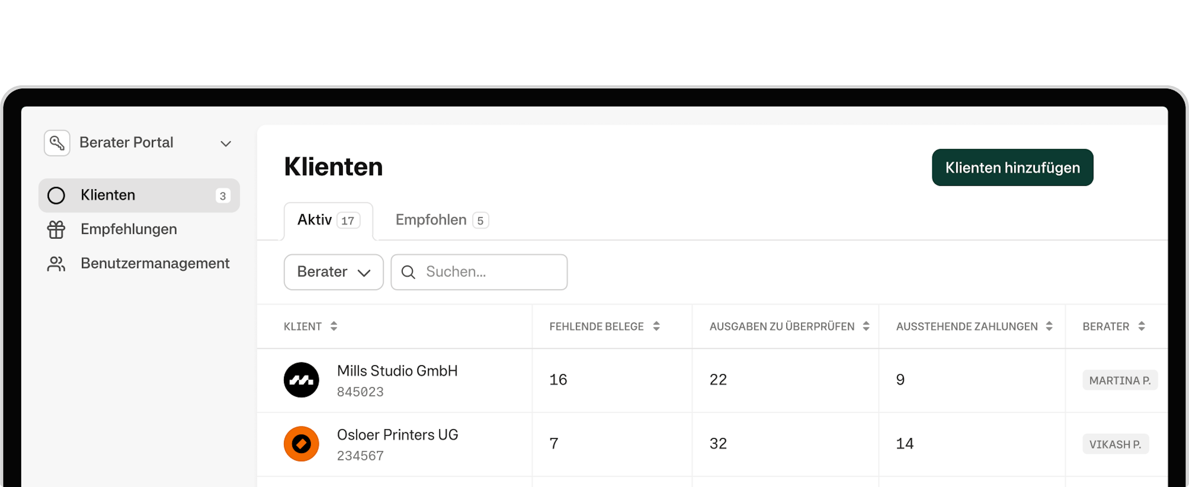 Desktopansicht des Beraterportals