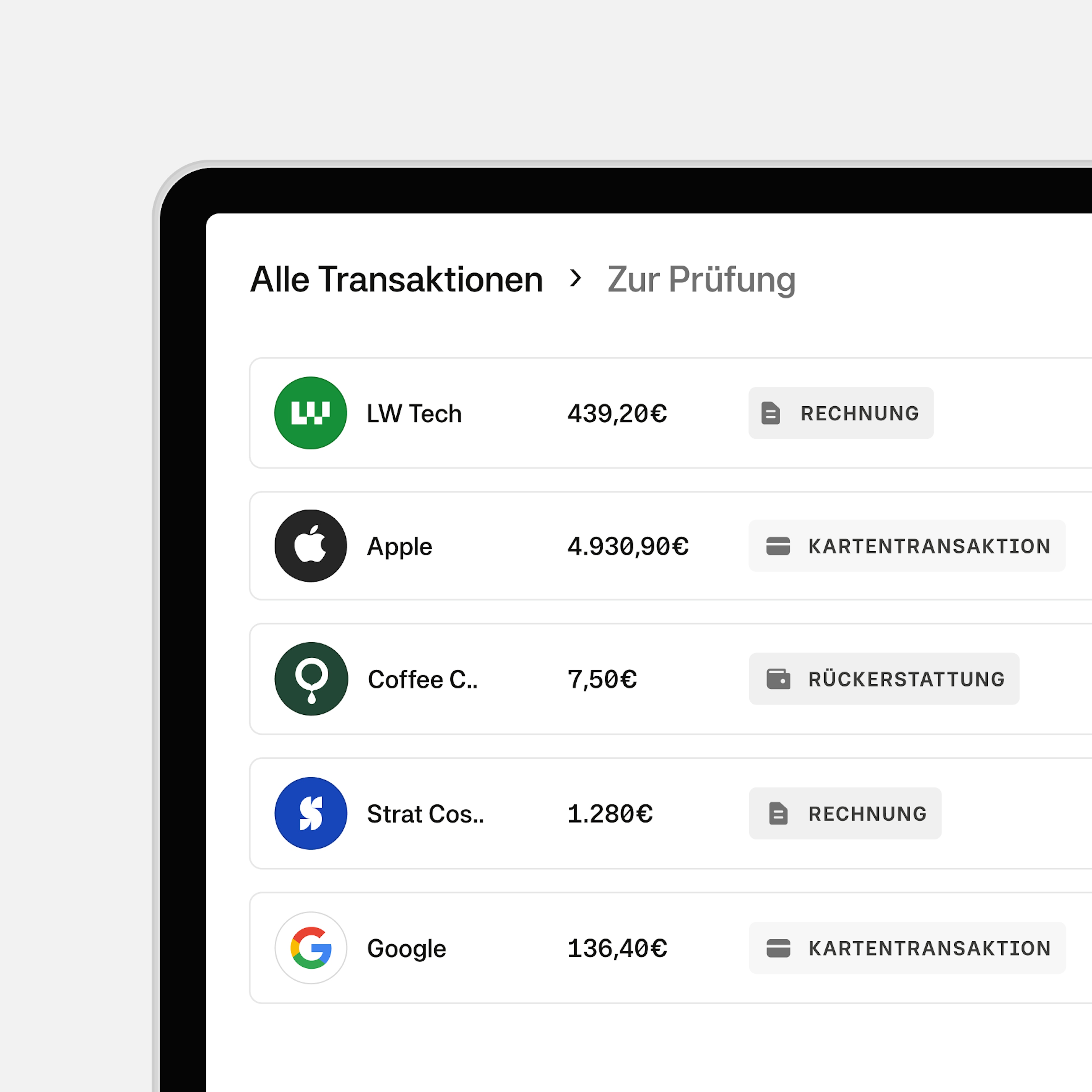 Übersicht verschiedener Buchhaltungs­transaktionen, einschließlich Rechnungen, Karten und Rückerstattungen