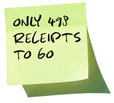 Sticky note: Only 498 receipts to go