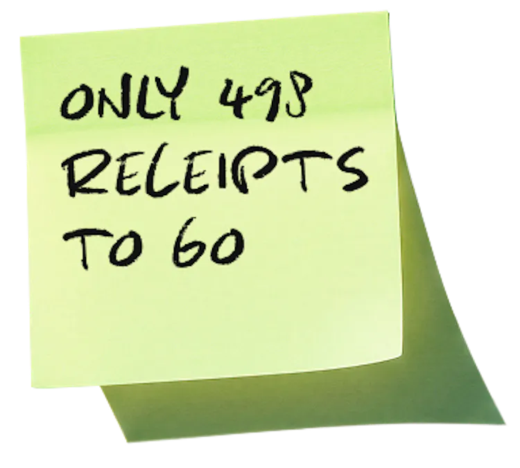 Sticky note: Only 498 receipts to go