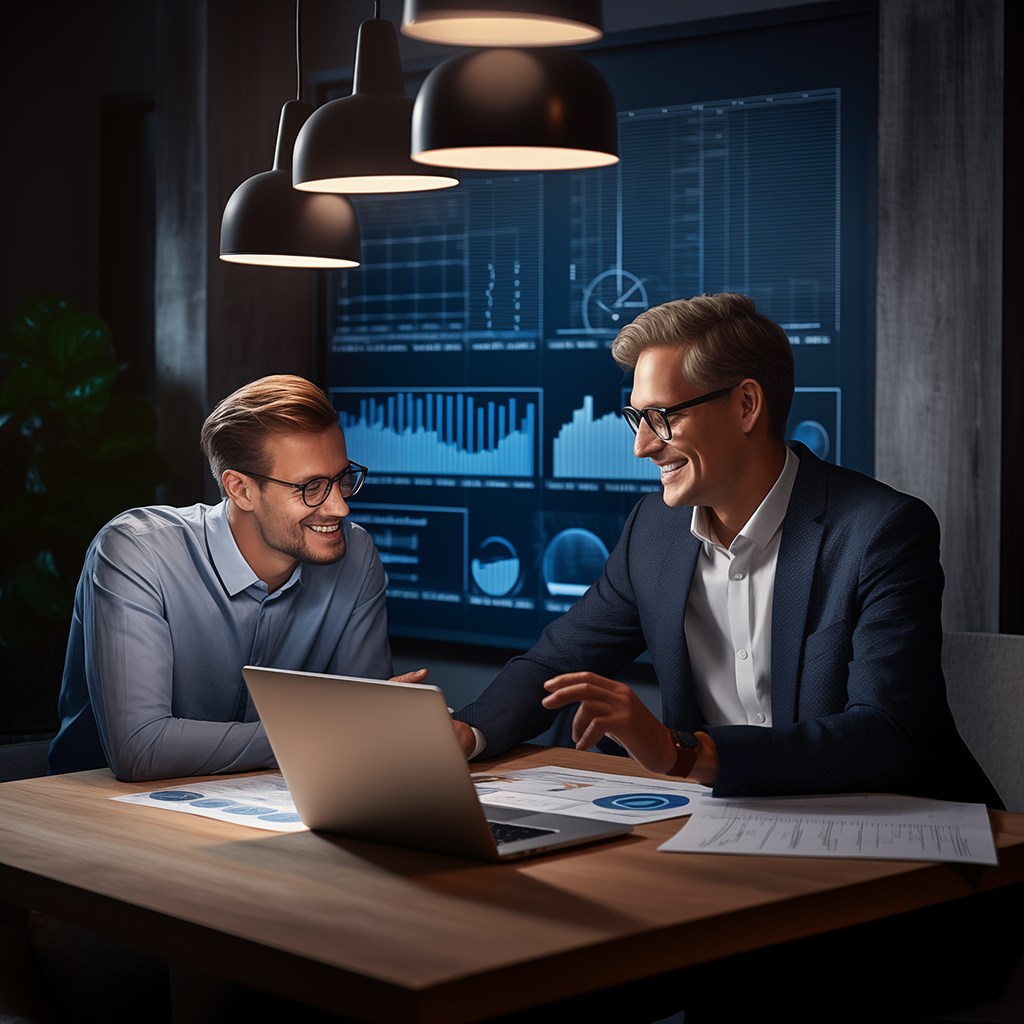 Two colleagues having a business conversation in front of a laptop