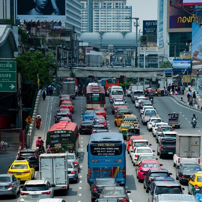 A 4 lane traffic jam in a congested city centre. You won't have to face that when working from home.