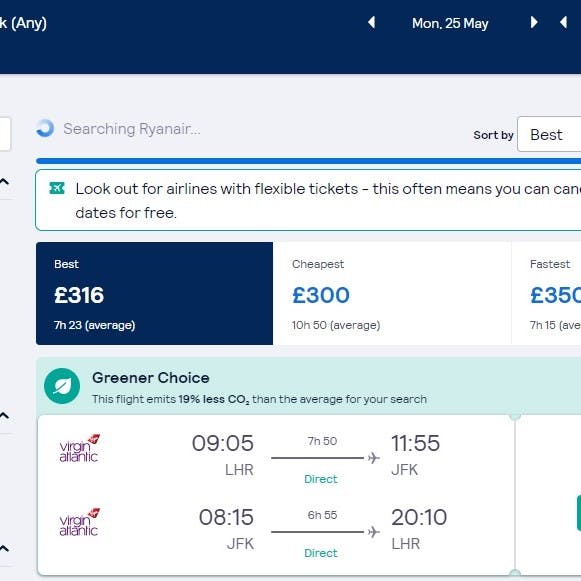 A screen shot of skyscanner's greener ticket options. Looking out for the greener ticket options is an easy step to more sustainable air travel. 