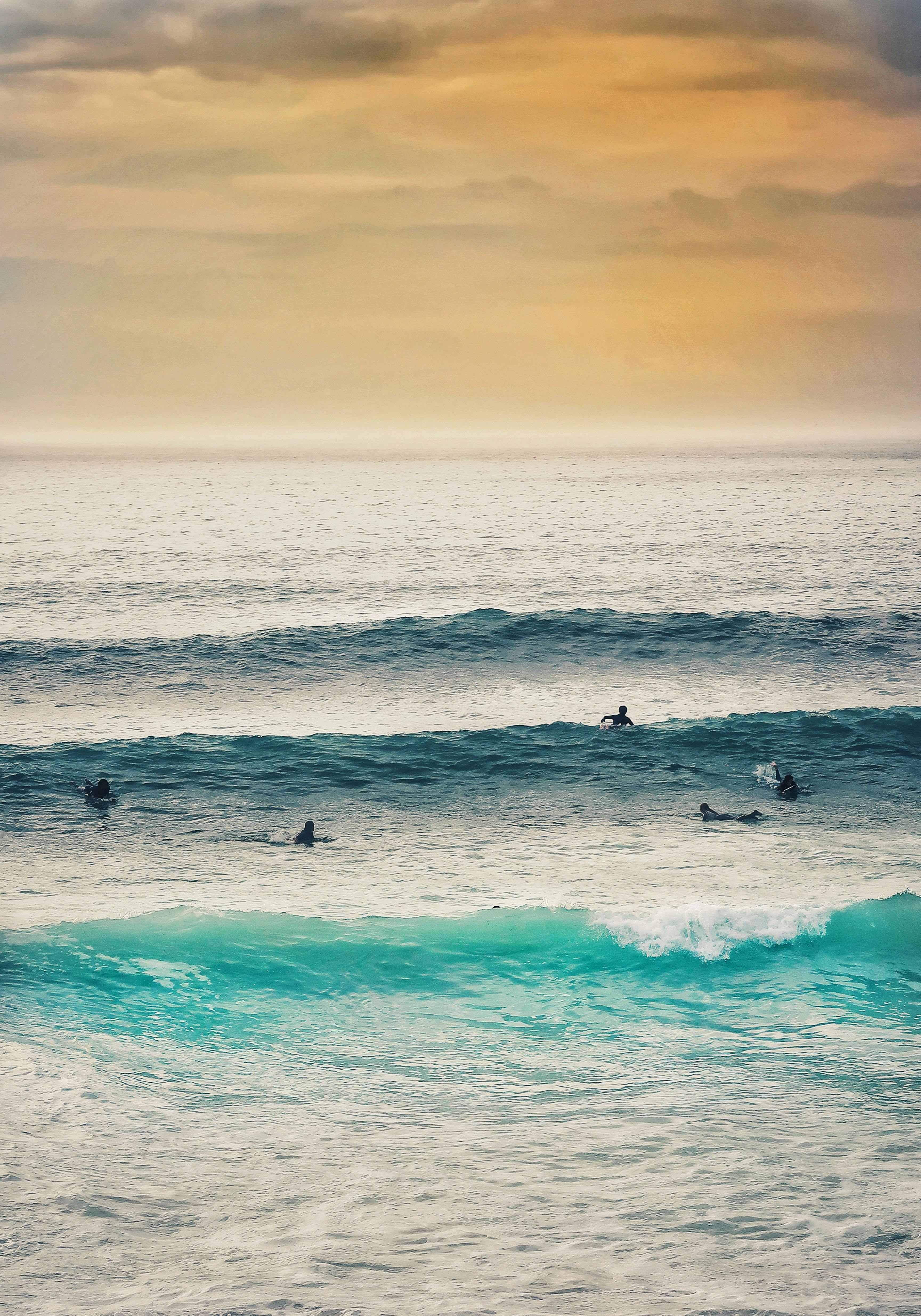 Surfers in the line up at sunset. Two surfers co-founded the tidal revival app to add an additional level of motivation to beach clean ups.