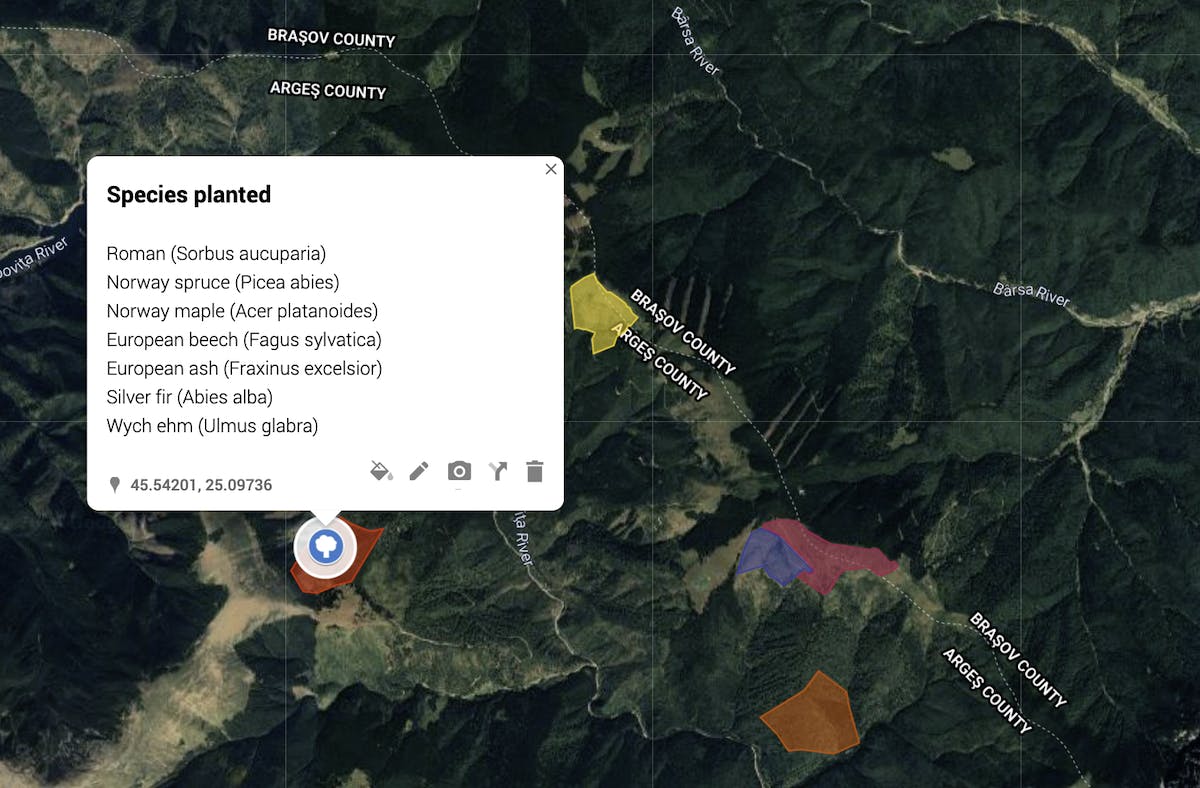 A satellite map with multi-coloured polygons and a list of species planted.