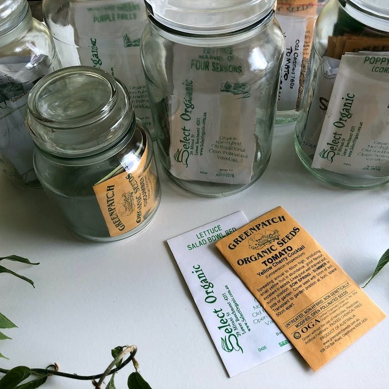Organic seeds in packets and jars.