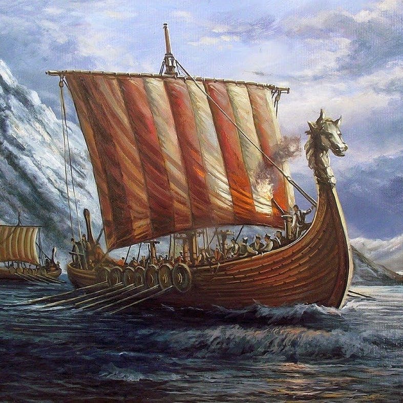 An illustration of a Viking ship at sea, the settlers responsible for deforesting parts of Iceland.