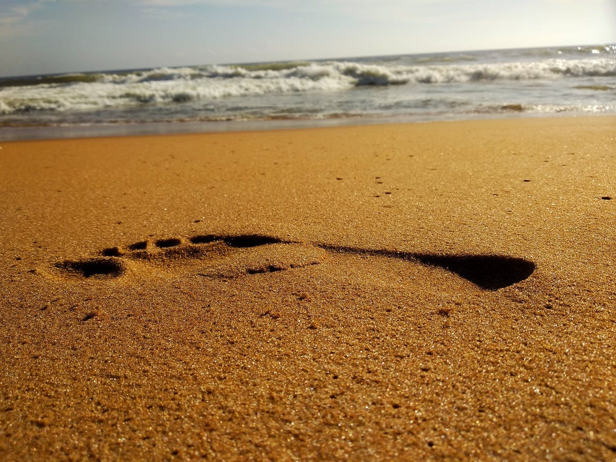 A footprint on a sandy beach