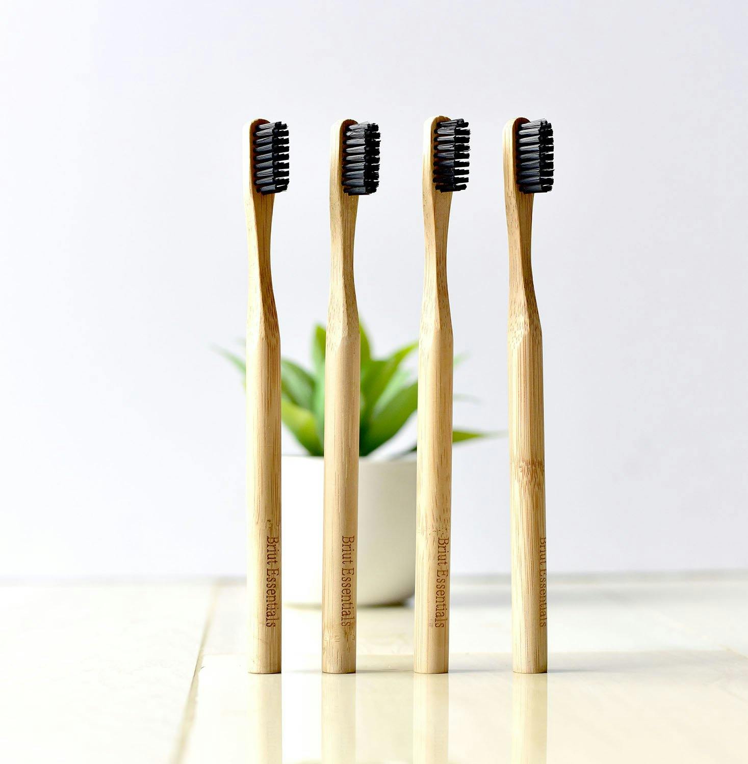 Four bamboo toothbrushes. An essential accessory for living plastic free.