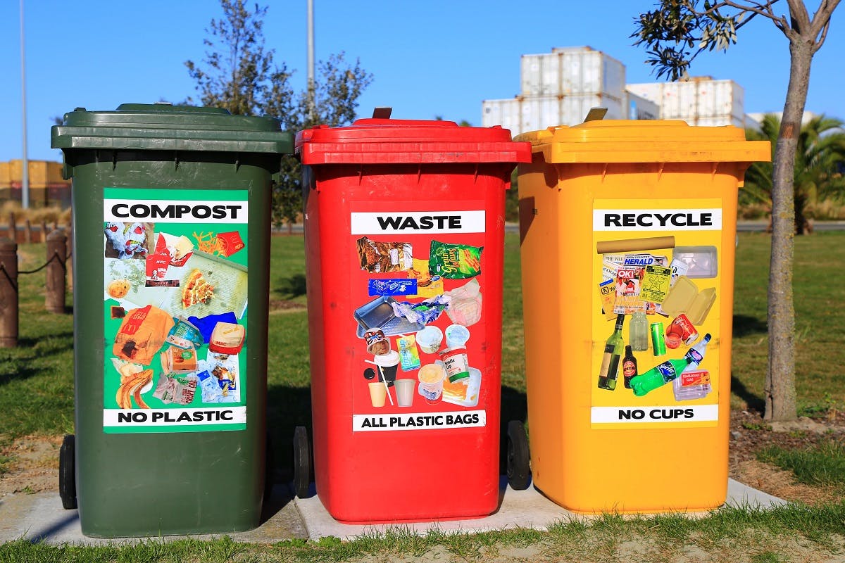 Three coloured bins: compost, waste and recycle