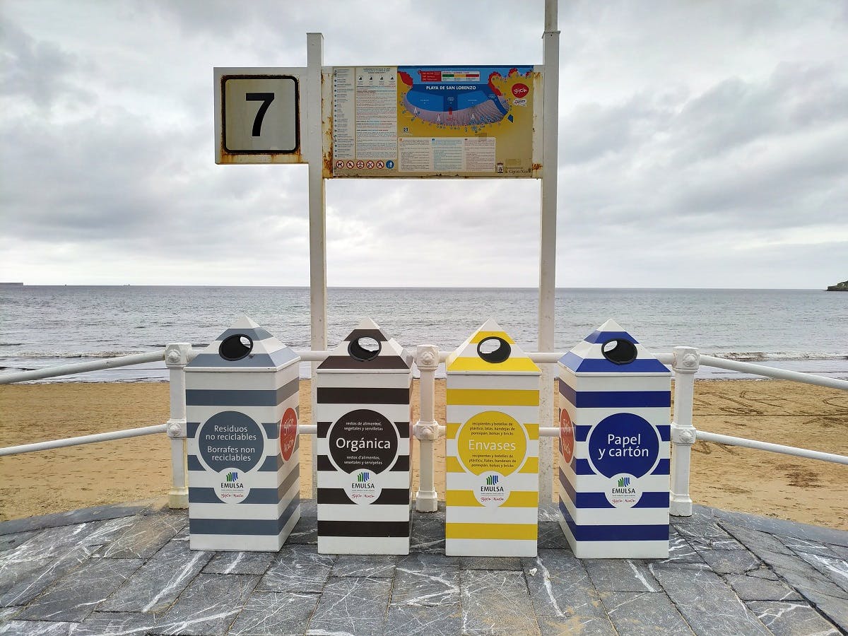 Recycling bins at a beach