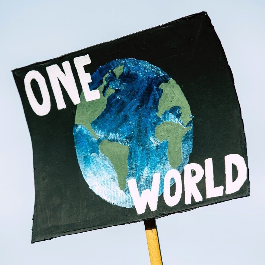 A "One World" poster at a climate change strike.