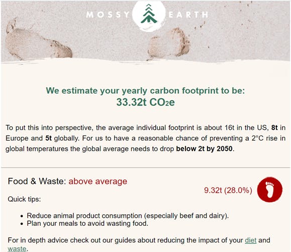 An email from Mossy Earth displaying Carbon Footprint Calculator results.