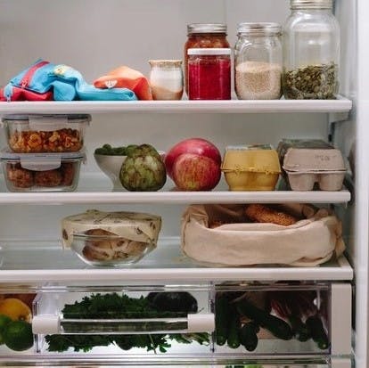 The contents of a household fridge. What percentage of your fridge goes as food waste each month?