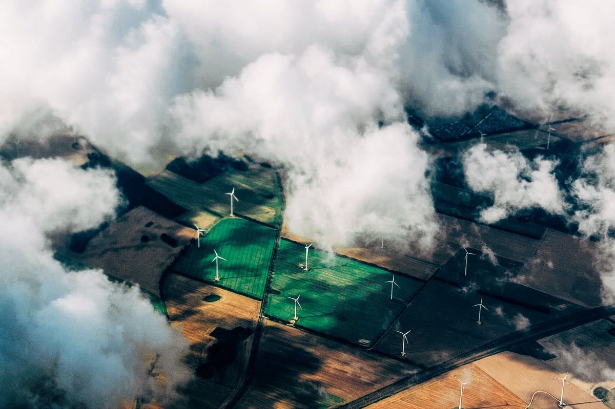 An aerial view of a wind farm 