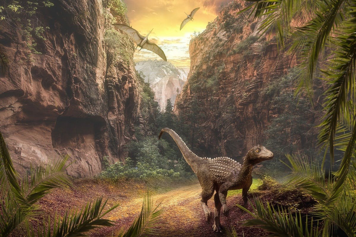 An image of our planet with dinosaurs. 