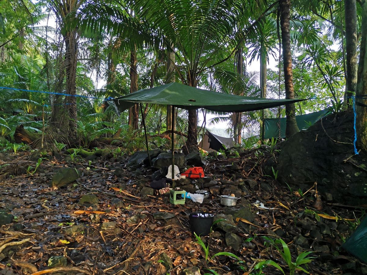 Field work station in Princípe with a tarp used as rain protection. João Alves © Fundação Príncipe