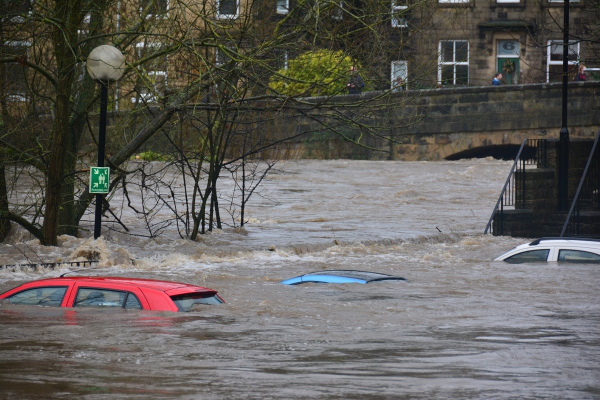 Three cars with flood water up to their roofs on a stormy day in the UK. Rewilding in Britain would help prevent such disasters. 