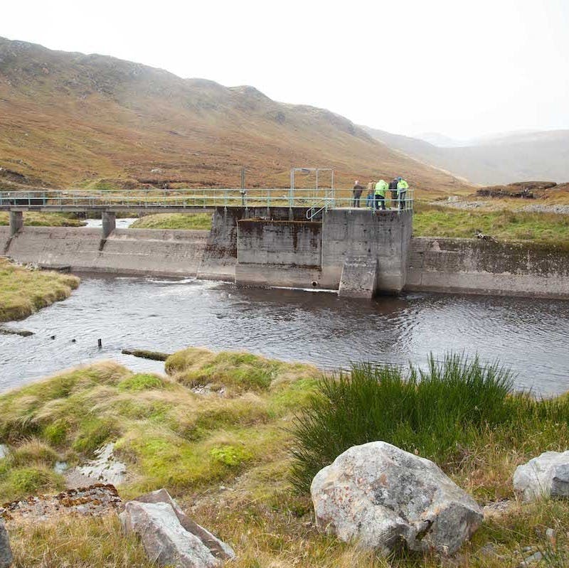 A river and dam on a misty day in Scotland. Dams can cause problems for wild Atlantic salmon migration