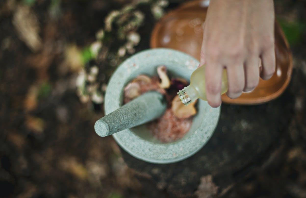 Somebody mixing up the success of their wild food foraging in a pestle and mortar.