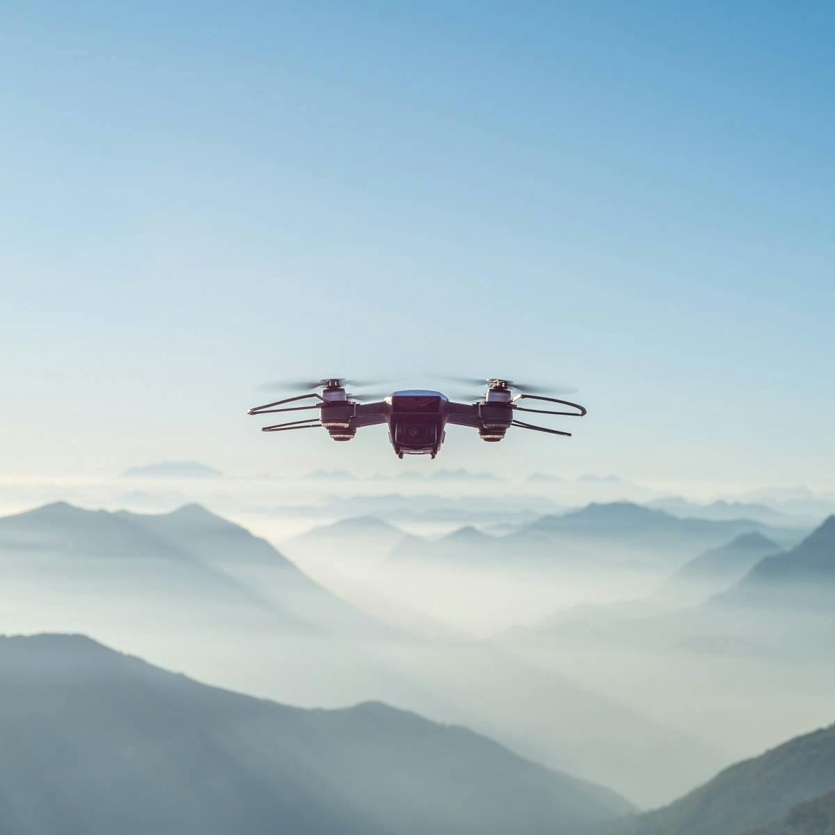 A drone flying over misty mountains