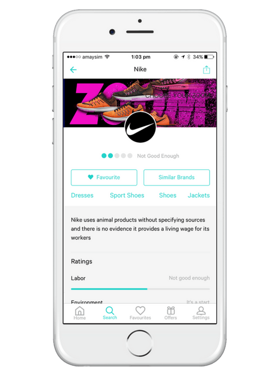 A screen shot of the Good On You App being used to rate nike products. This app empowers you to make the right ethical shopping choices.