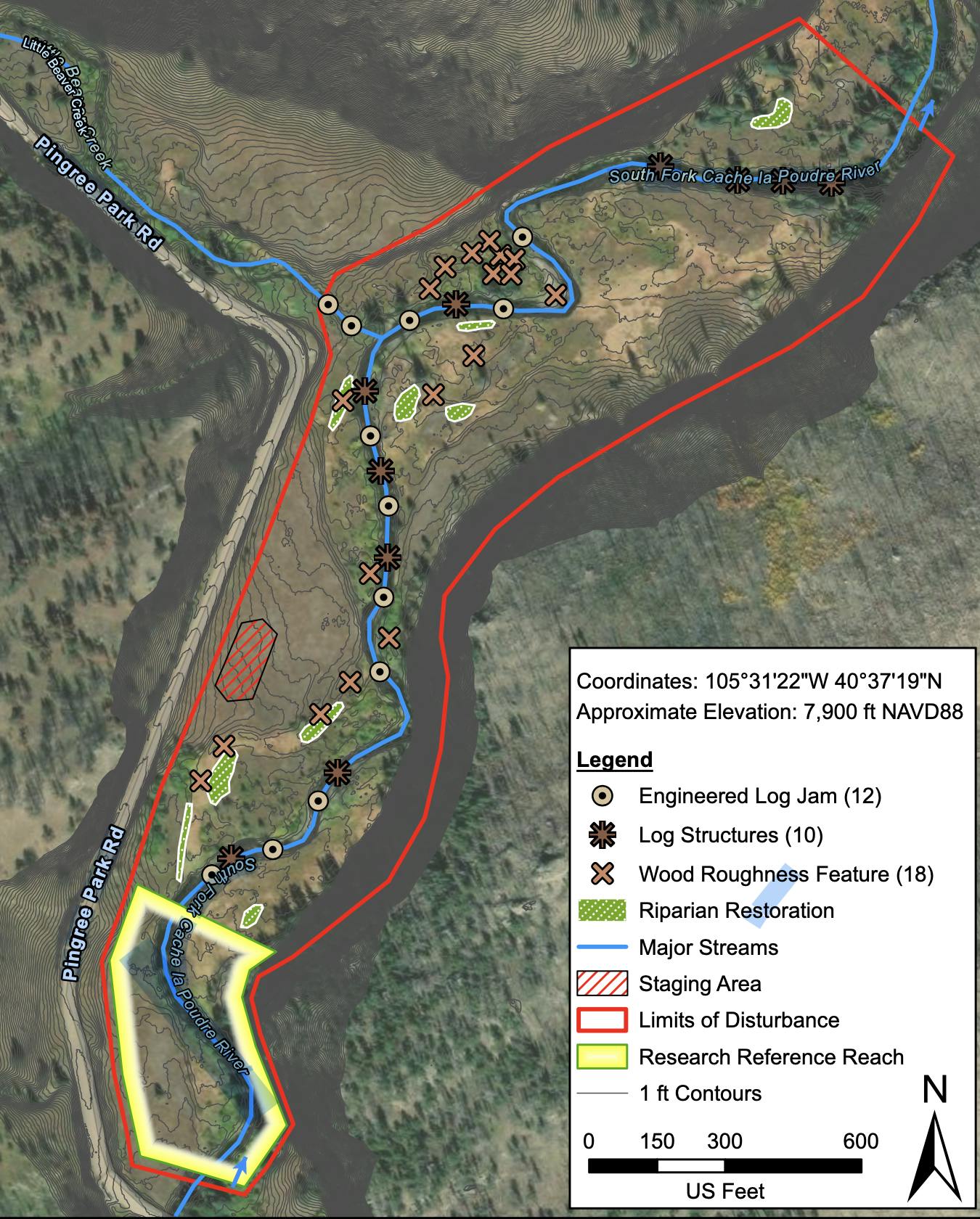 map of installations of low-tech process-based structures (LTPBs) along South Fork