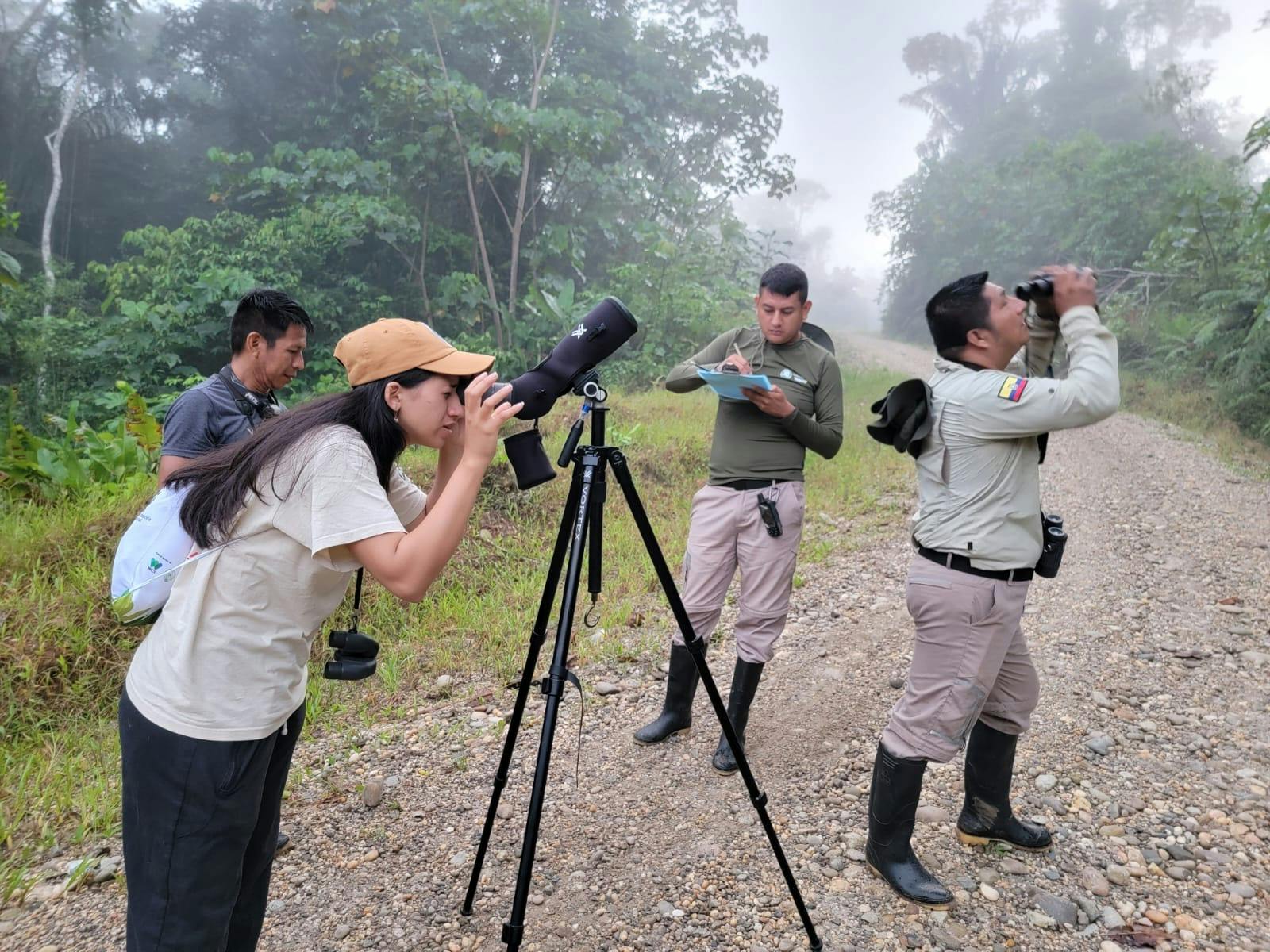 bird watchers observing species for The Global Big Day at Mossy Earth's Yasuni project site