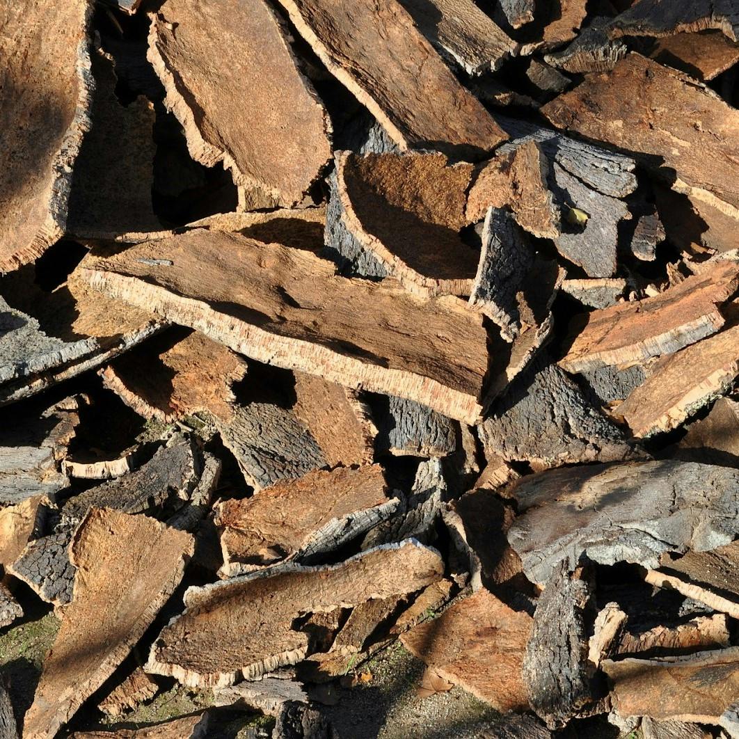 A pile of cork tree bark. Cork is an eco friendly alternative to home insulation. 