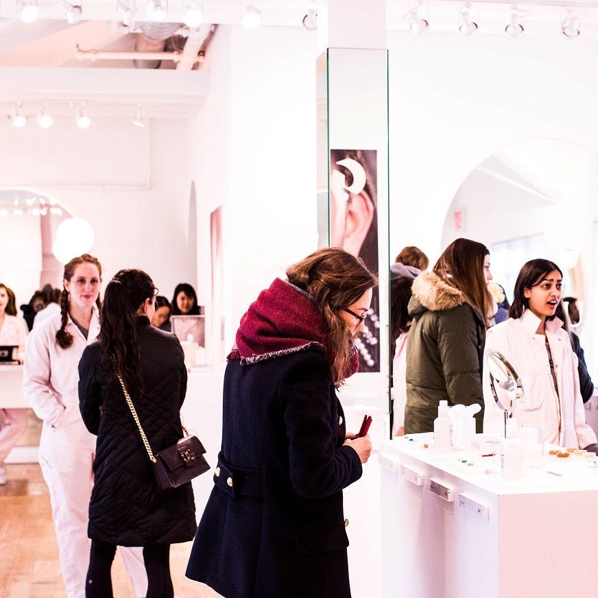 Ladies shopping for cosmetics in New York. The makeup industry is far from sustainable, but the tide is turning. 